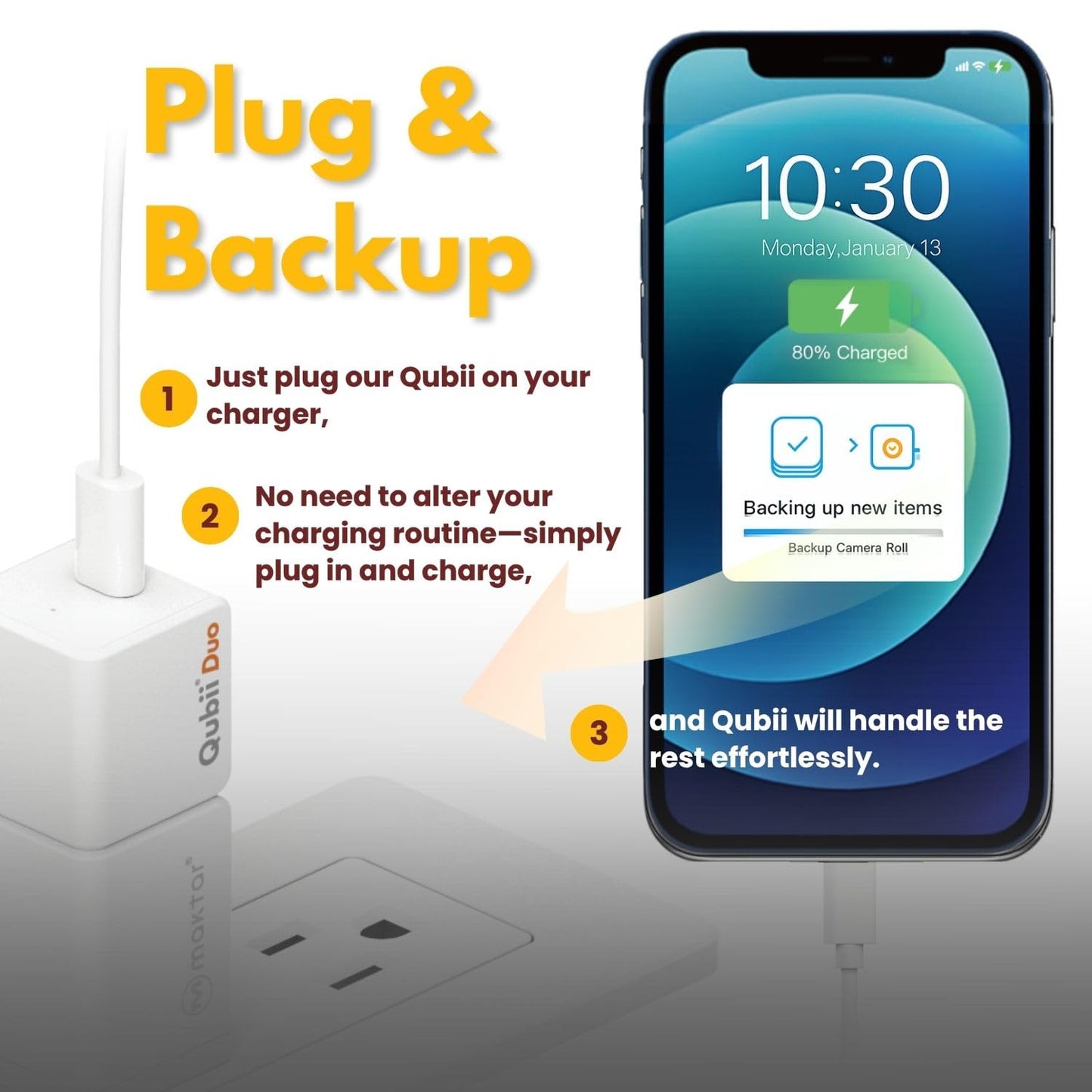 Maktar Mfi-Certified Qubii Duo Usb-C Auto Photo Storage & Iphone Backup While Charging Ends Icloud Fees. Free App Apple Android