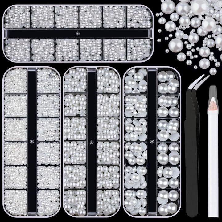 4 Boxes Flat Back Pearls Kit 1 Flatback White Half Round Pearls 3-10mm with Pickup Pencil and Tweezer for Home DIY and Professio