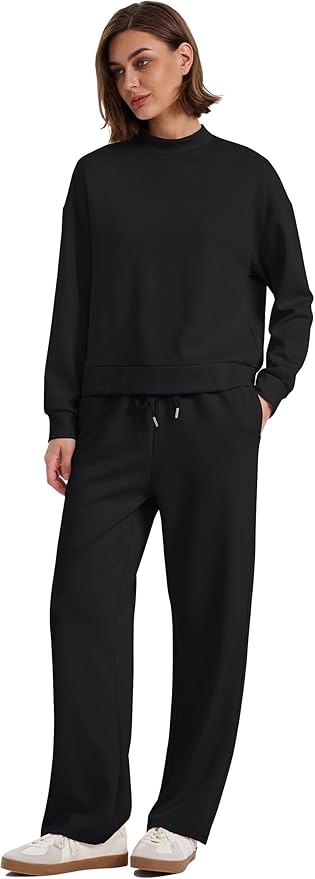 WIHOLL Two Piece Sets for Women Fall Outfits Lounge Sets Mock Neck Tops Wide Leg Pants Vacation Travel Airport Outfits