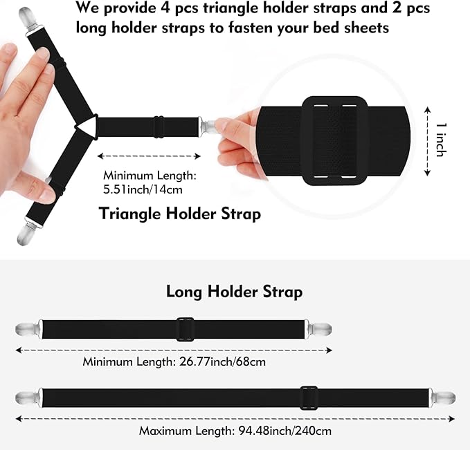 Bed Sheet Holder Straps, 4+2 Pcs Adjustable Mattress Sheet Clips, Bed Sheet Fasteners Elastic Sheet Suspenders to Keep Bed Sheet in Place for Different Beds (Black)