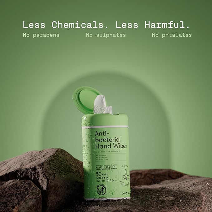 Biopure Antibacterial Hand Wipes Fresh Morning Breeze- Antibacterial Wipes with Aloe and Vitamin E Formula | 5"x7" Wet Wipes Canister | No Parabens, Sulfates or Phthalates, Kills 99% of Germs, 50 ct