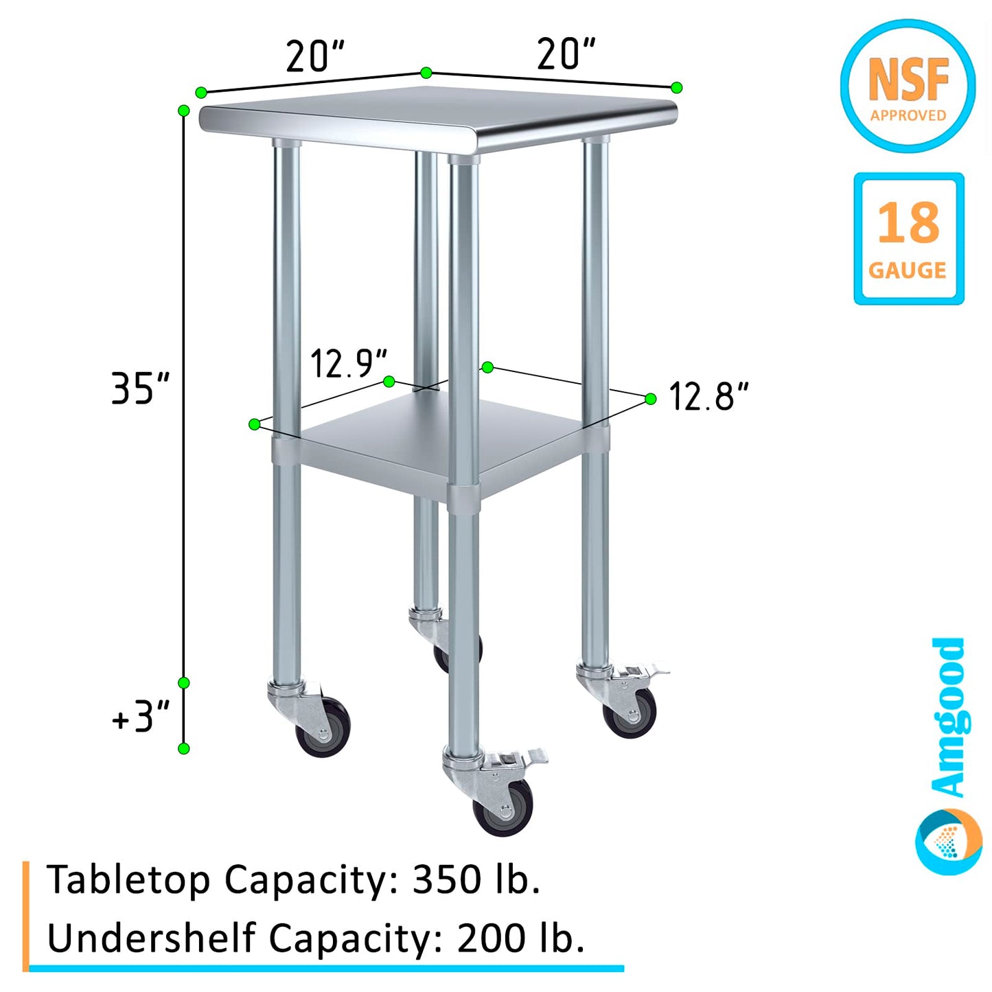 AmGood 20 in. x 20 in. Stainless Steel Work Table with Wheels | Metal Kitchen Food Prep Table | NSF