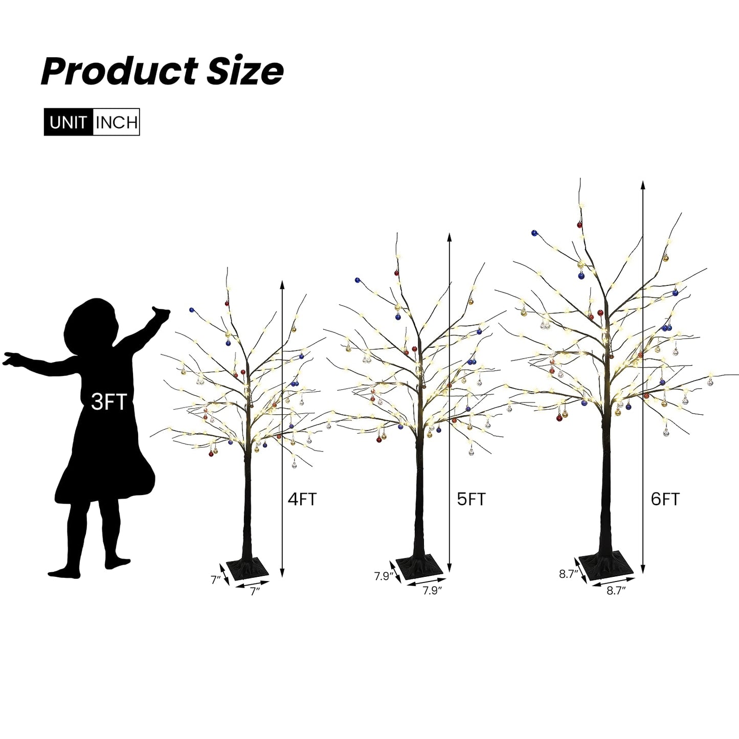 Lighted Birch Tree Set of 3, 4FT 5FT 6FT 200 LED Christmas Birch Tree with Decor Balls for Indoor Outdoor Home Christmas Easter Holiday Decoration