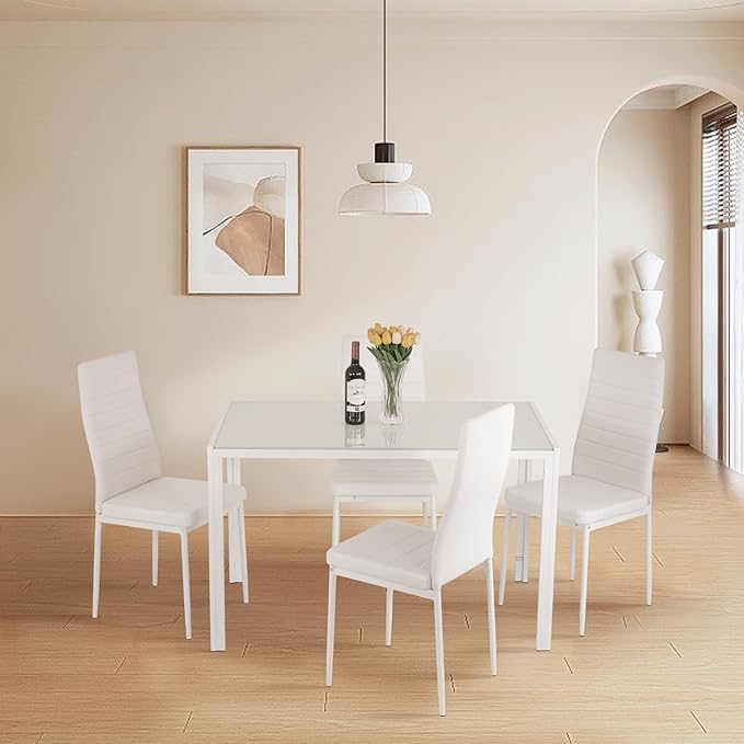 FDW | 5-Piece Dining Table Set | White | Glass Kitchen Table with 4 Upholstered Chairs and Faux Leather Cushions | Space-Saving and Modern Design | for Dining Room, Easy to Assemble