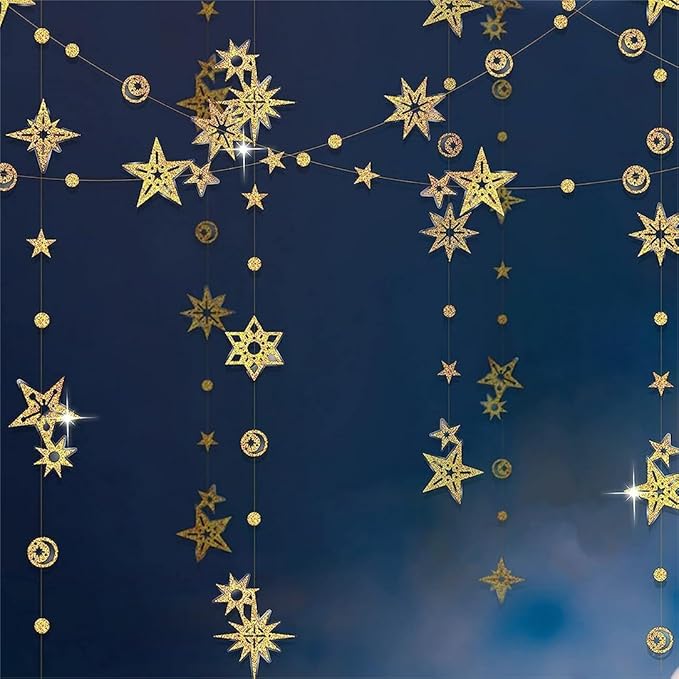 Cheerland Glitter Gold Star Garlands Star Party Decoration Celestial Streamer Space Birthday Decorations Galaxy Backdrop H...