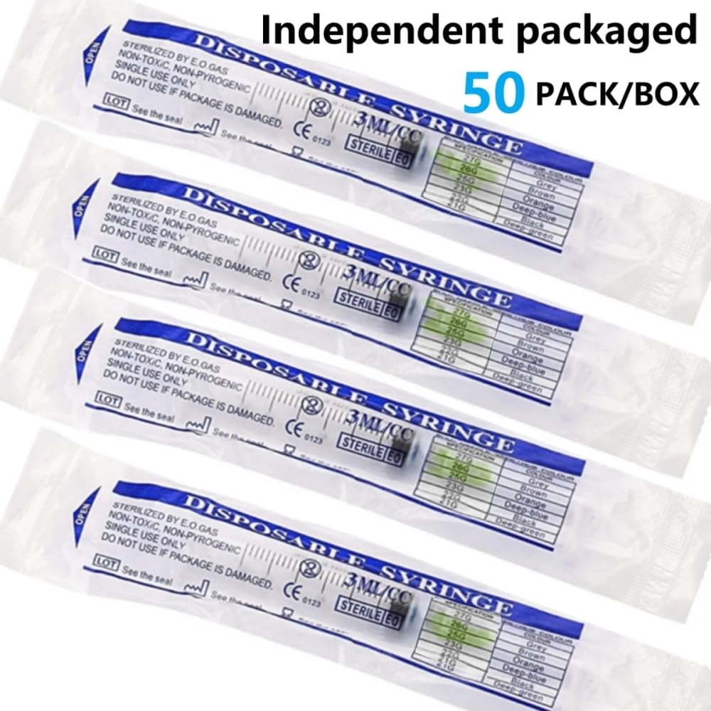 Luer lock 3ml 21Ga 1 Inch(25mm), 50 Pack Sterile Lab Utensils for Scientific Research, Industrial Dispensing or Liquid Measuring