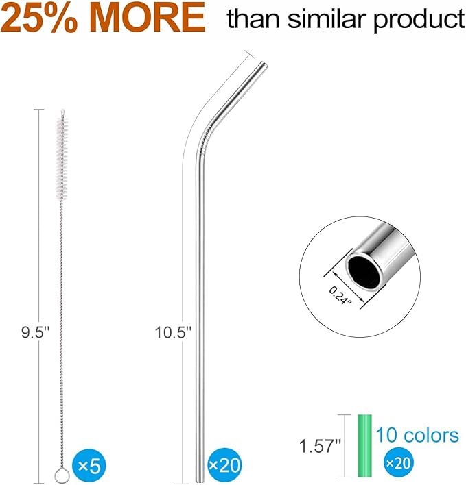 MUTNITT Set of 20 10.5" Reusable Bent Stainless Steel Straws with 20 Silicone Tips 5 Cleaning Brush 1 Travel Case Eco Friendly Extra Long Metal Straw Drinking for 20 24 30 oz Tumbler