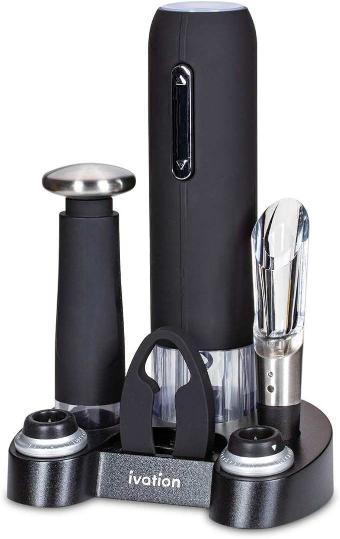 Ivation Wine Gift Set – Includes Electric Opener, Aerator, Vacuum Preserver, 2 Stoppers, Foil Cutter & Charging Base