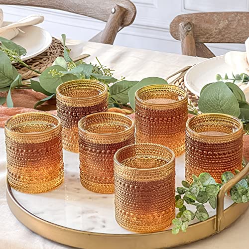 Kate Aspen Beaded Amber Drinking Glasses Set of 6-10 oz Vintage Glassware Set Jupiter Glasses, Cocktail Glass Set, Juice G...