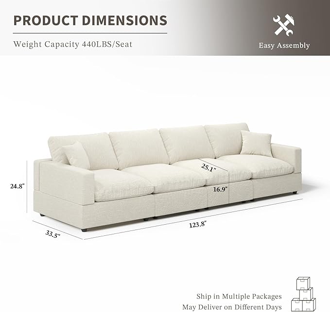 Cloud Couch Modular Sectional Sofa, 123.8" 4-Seater Sectional Couches for Living Room, Convertible Cloud Sofa, Down Filled Wide & Deep Seat, Removable Washable Cushion Cover & Backrest Pillow Cover