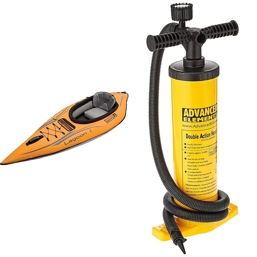 Advanced Elements Lagoon 1 Person Inflatable Kayak & Double Action Pump with Pressure Guage, Yellow, One Size