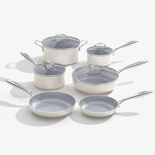 FELAMP Ceramic Nonstick Cookware Set, 10-Piece Non Toxic Pots and Pans Set with Glass Lids, PFOA-Free Healthy Kitchen Ware, Induction Compatible & Oven Safe, Easy Clean Dishwasher Safe - Cream White