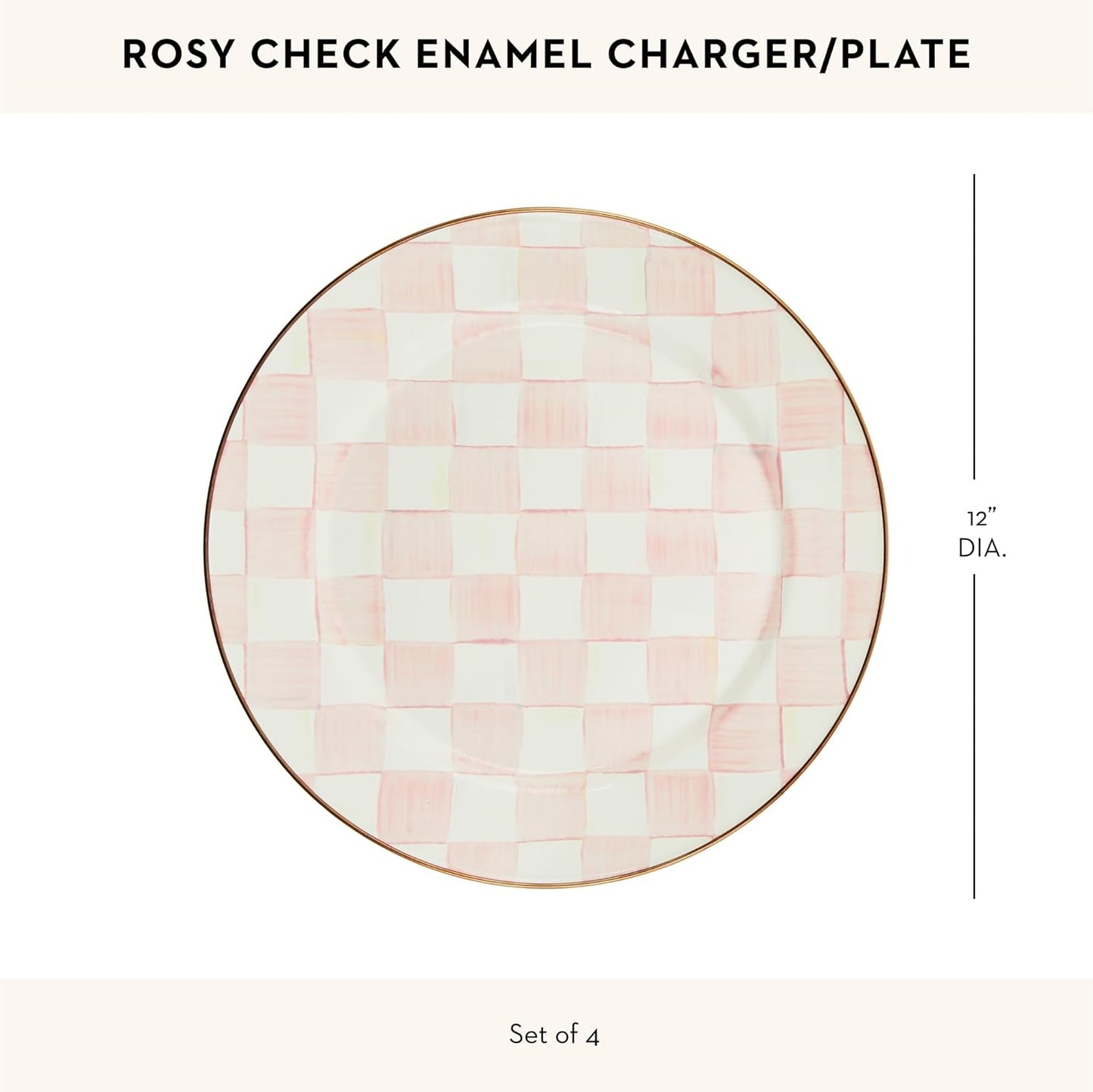 MACKENZIE-CHILDS Enamel Charger Plate, Charger Decoration for Dinner Plates or Home Decor, 12 Inches, Pink-and-White Rosy Check, Set of 4