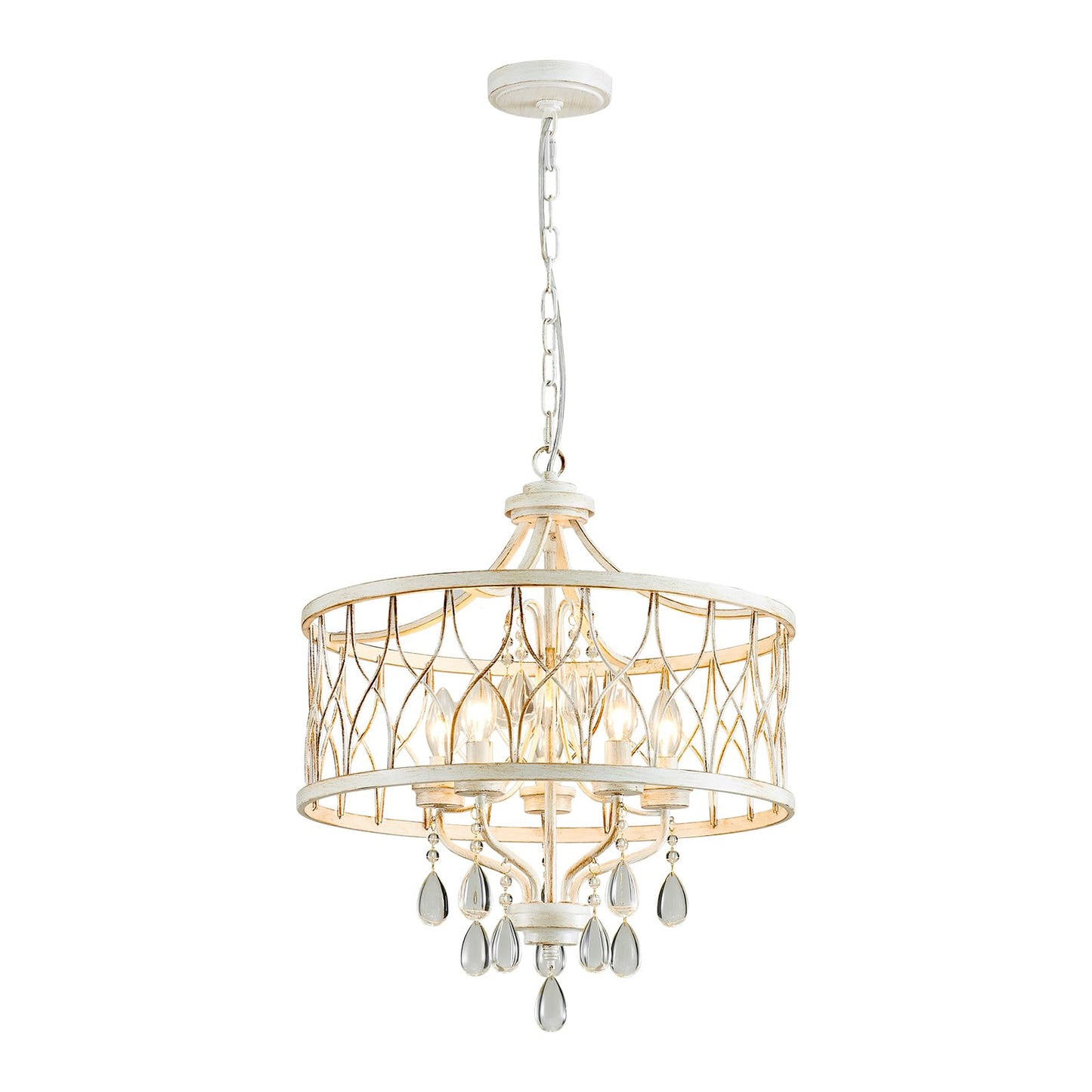 Uiimeces Modern Crystal Chandelier, 5-Light Farmhouse White Chandelier for Dining Room Vintage Hanging Pendant Light Fixtures Round Chandelier for Kitchen Island Entryway Foyer Bedroom Office Bar