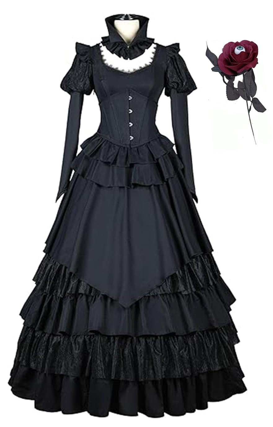 Gxejoar Medieval Retro Gothic Black Dress Princess Party Gown Womens Palace Cosplay Costume Halloween Outfits (Black, X-Large)
