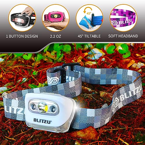 BLITZU LED Headlamp Flashlight for Adults & Kids, Lightweight, Waterproof Head Lamp with White & Red Light, Comfortable He...
