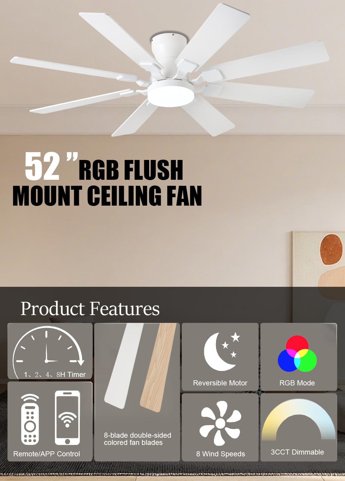 Jsaitee 52 Inch Ceiling Fan With Light, 6 Speeds Reversible Low Profile Ceiling Fan With Light And Remote/App Control, 3 Color T