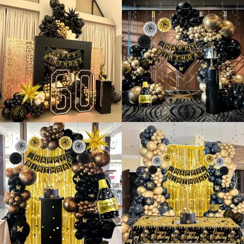 Black and Gold Birthday Decorations for Men Boy, 100pcs Black and Gold Party Decorations with Happy Birthday Banner, Ballo...