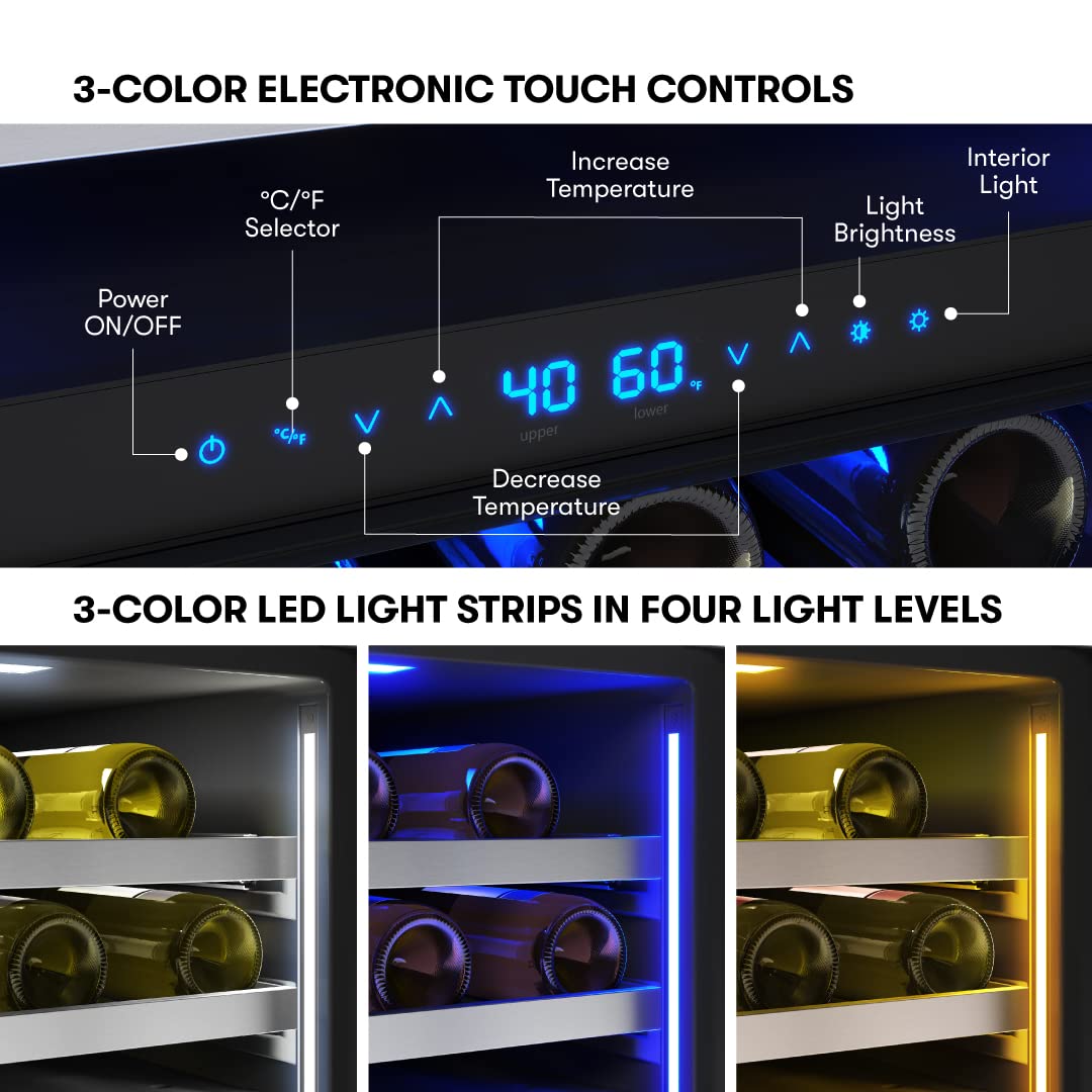 Zephyr Presrv 24" Wine Fridge Dual Zone Under Counter - Countertop Mini Wine Cooler Cellars Small Cabinet Wine Refrigerator Home Bar Chiller Freestanding with Glass Door, 45 Bottles 750ml
