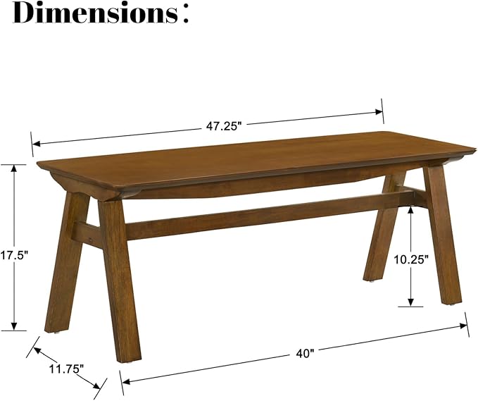 DUOMAY Solid Wood Long Dining Bench, 47" Wide Farmhouse Bench with A-Shaped Legs Mid Century Modern Entryway Bench Shoe Bench for Hallway End of Bed, Walnut Color