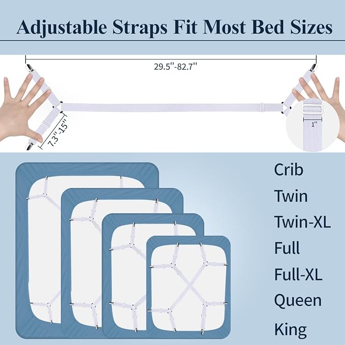 Sopito Sheet Straps, Adjustable Bed Sheet Suspenders Max Stretch from 29.5 in to 82.7 in Compatible for Crib to King Size Bed, Non Slip Holder Fasteners Clips, 2pcs/White