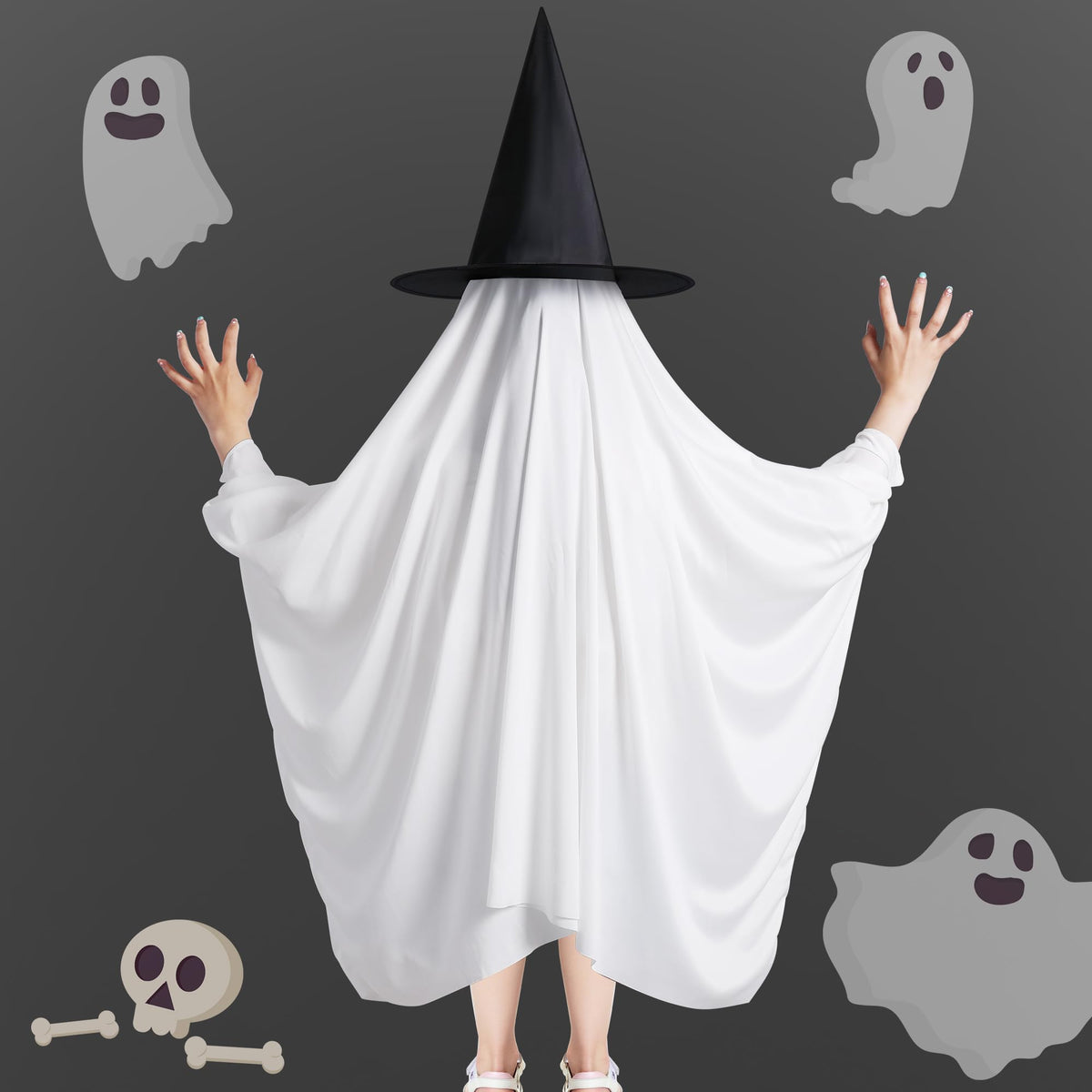 PURPLE STAR 1N Halloween Ghost Costume for Kids Adult- White Ghost Cloak Costume with Witch Hat- Spooky Halloween Ghost Costumes Fancy Dress Cosplay for Party Trick-or-Treating (Small)