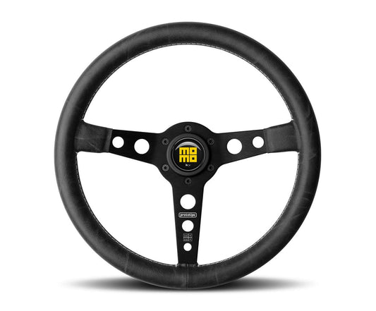Prototipo Heritage Steering Wheel | 350mm (13.8") Diameter | Black Leather Grip w/White Stitch | 30x30mm Grip Diameter | Brushed Black Anodized Spokes | Racing Quality for Sim & Street