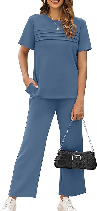 WIHOLL Two Piece Sets for Women Summer Travel Vacation Outfits Short Sleeve Lounge Sets Side Slit Wide Leg Pants S-3XL