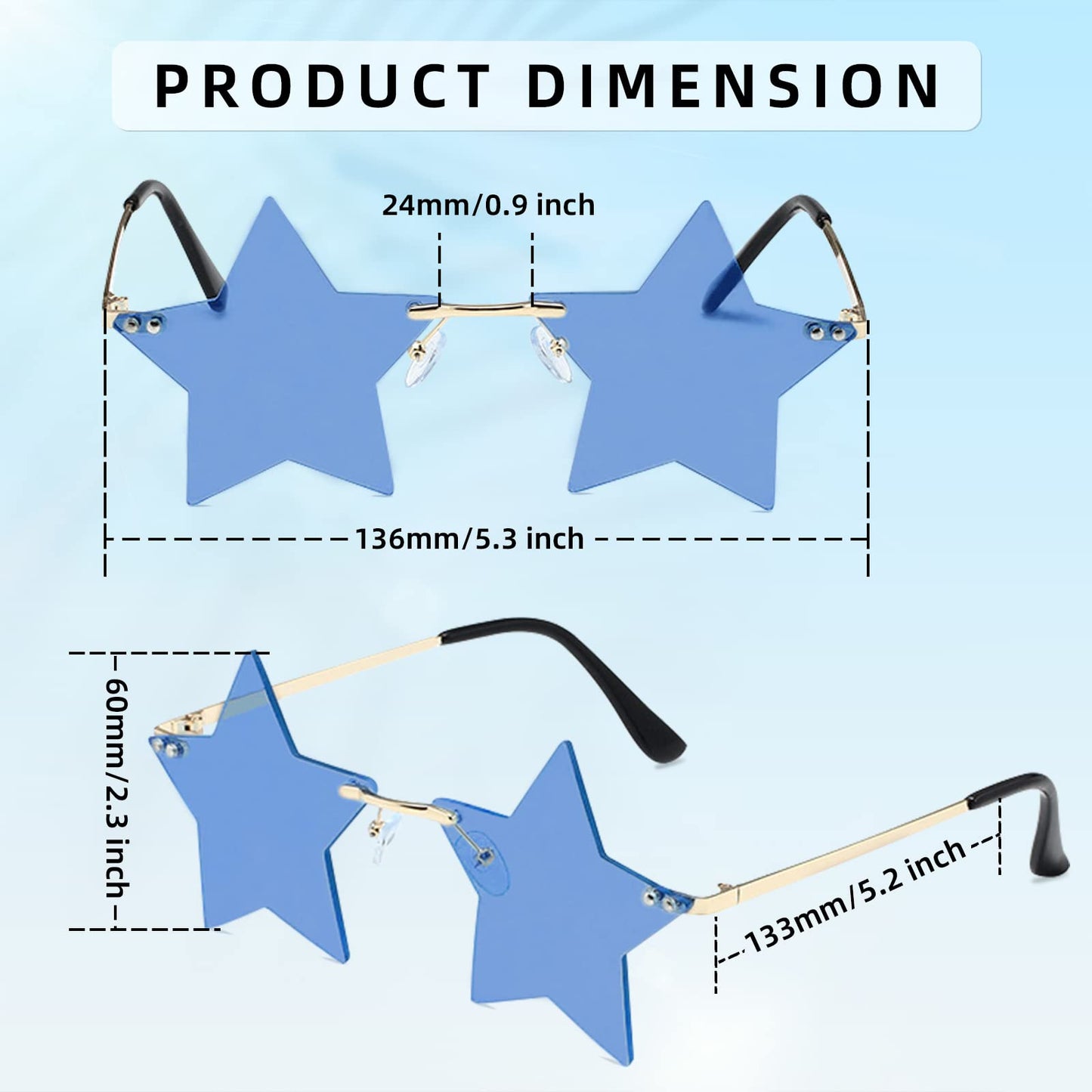 FUNUPUP Blue Star Shape Sunglasses Rimless Transparent Star Sun Glasses for Women and Men Party
