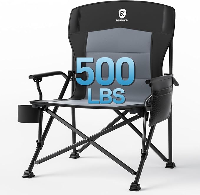 EVER ADVANCED Oversized Folding Camping Chair for Adults, Heavy Duty Lawn Chair with Side Pockets, Portable Collapsible Qu...