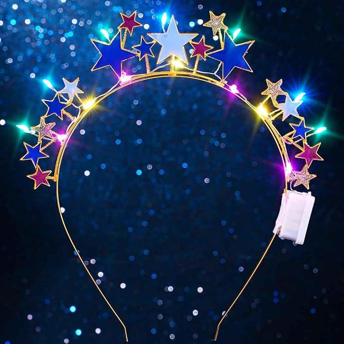 DRESBE Light Up Colorful Star Headband New Year LED Stars Headbands NYE Glow Party Hair Accessories for Women (Gold)