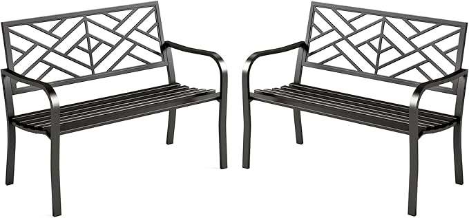 MFSTUDIO Outdoor Metal Bench Set of 2, Garden Patio 43.7 Inches Cast Iron Metal Frame Park Outside Benches with Geometric Pattern Backrest for Front Porch, Black