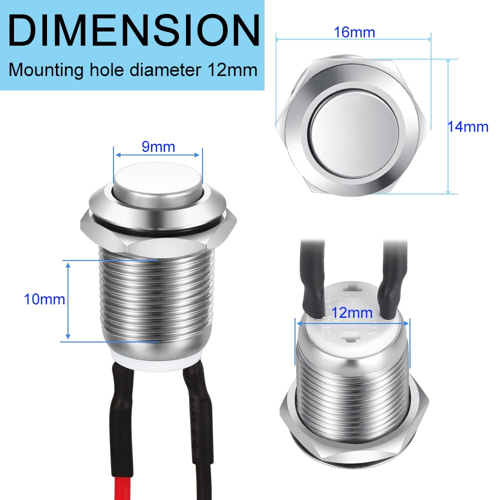 Gebildet 3 Pcs 12mm Prewired High Head Waterproof Push Button Latching 2A 12V/24V/125V/250V AC Self-Locking Stainless Steel Push Button On Off