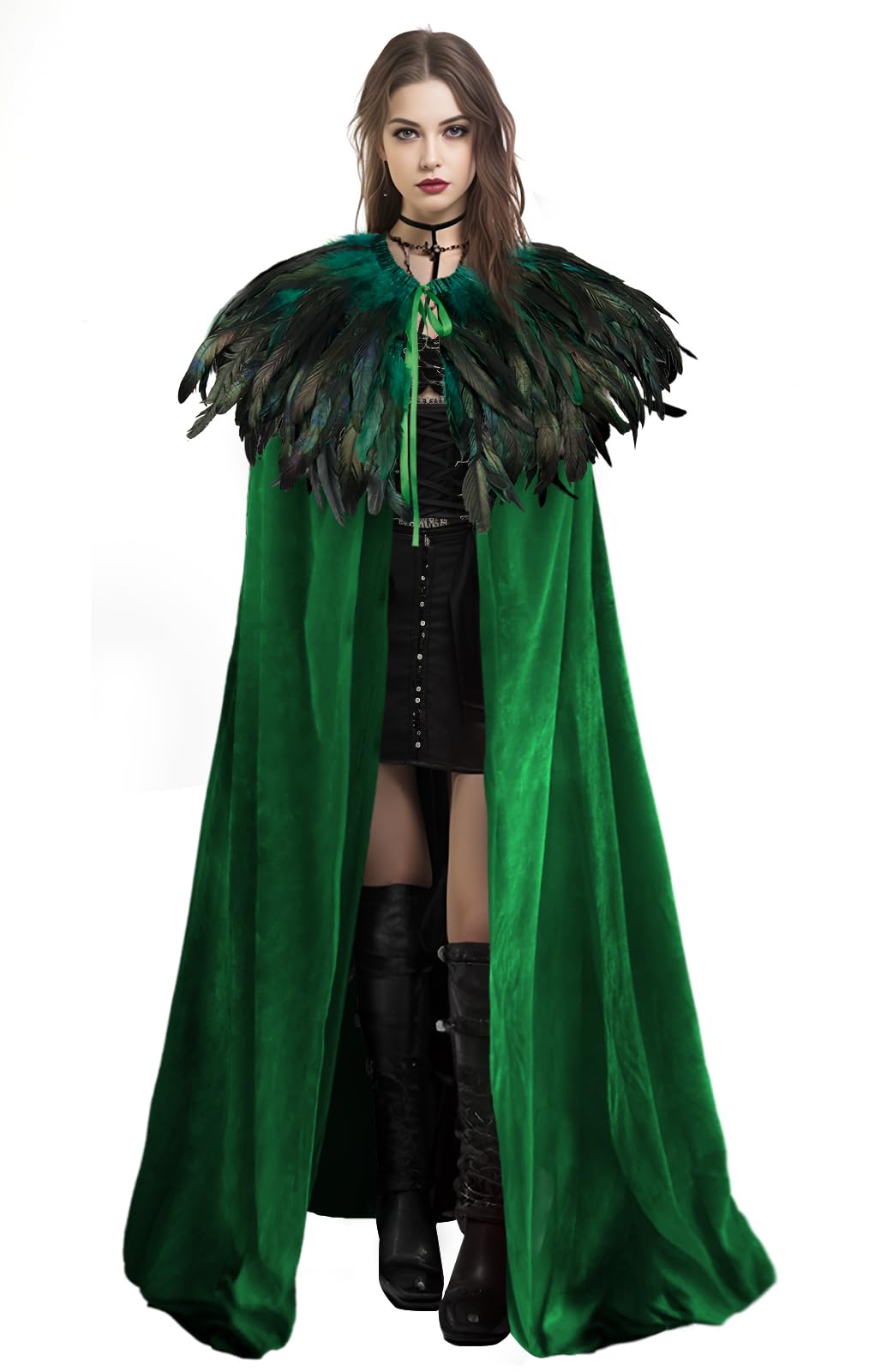 Gothic Feather Shawl and Halloween Adult Velvet Classic Witch Costume Cloak