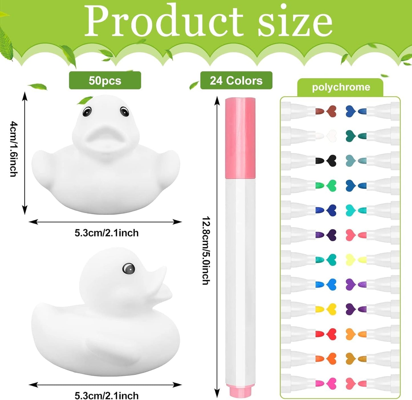 50 Pcs 2 Inch White Blank Rubber Ducks in Bulk DIY Fall Halloween Ducks with Pens of 24 Colors Float Squeak Funny for Pool Bathtub Float Cute Ducks Birthday Gift Baby Activities Themed Party Favor