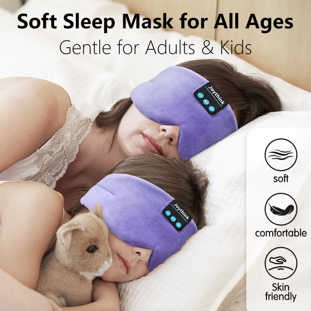 Joythink Sleep Headphones Bluetooth Sleep Mask Silk Headband Earphones Bluetooth Eye Mask for Sleeping On Side Blackout Soft Sleep Earphones Music Kids Children Eye Cover Purple