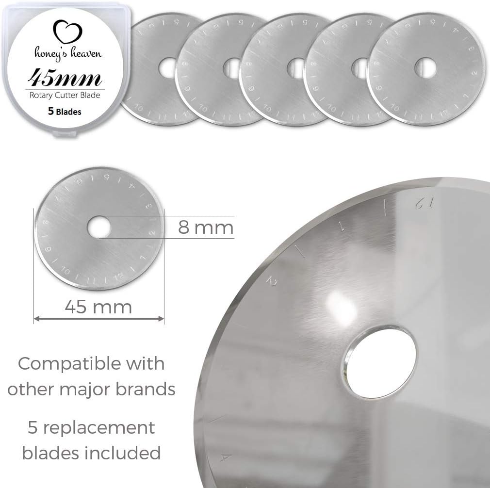 Honey's Heaven Rotary Cutter Set - Quilting Kit incl. 45mm Fabric Cutter, 5 Replacement Blades, A6 Cutting Mat and Craft Clips - Ideal for Crafting, Sewing, Patchworking, Crochet & Knitting