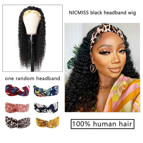 NICMISS Deep Wave Headband Wig Human Hair 22 Inch Curly Headband Wigs for Black Women Human Hair Glueless None Lace Front Wig Brazilian Virgin Hair Wear and Go Wigs 150% Density Natural Black Color