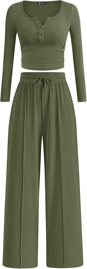 PRETTYGARDEN Women's 2026 Fall Trendy 2 Piece Outfits Lounge Sets Long Sleeve Top Henley Shirts Wide Leg Pants Travel Clothes