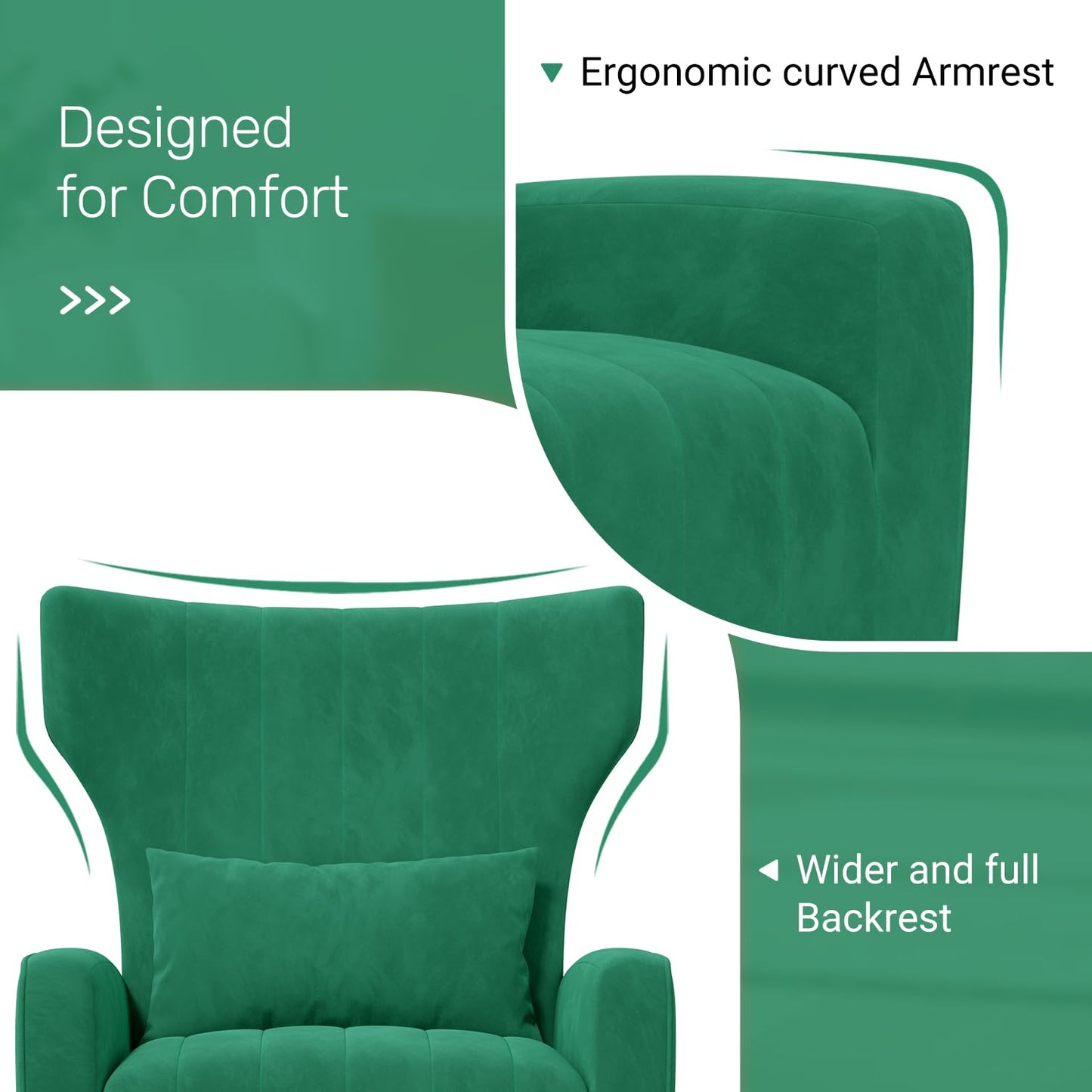 Nebuaegis Velvet Accent Chair Wingback for Living Room, High Back Arm Chair with Golden Legs Lumbar Pillow, Upholstered Single Sofa Bedroom Green