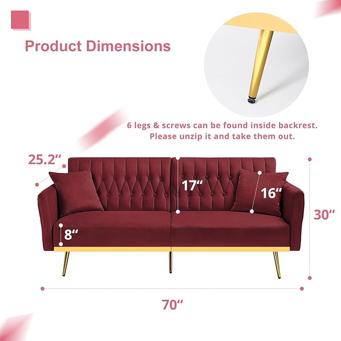 ACMEASE 70” Velvet Futon Sofa Bed with 2 Pillows and Adjustable Armrests, Convertible Sleeper Bed W/Adjustable Backrests, Modern Loveseat for Living Room, Bedroom, Red