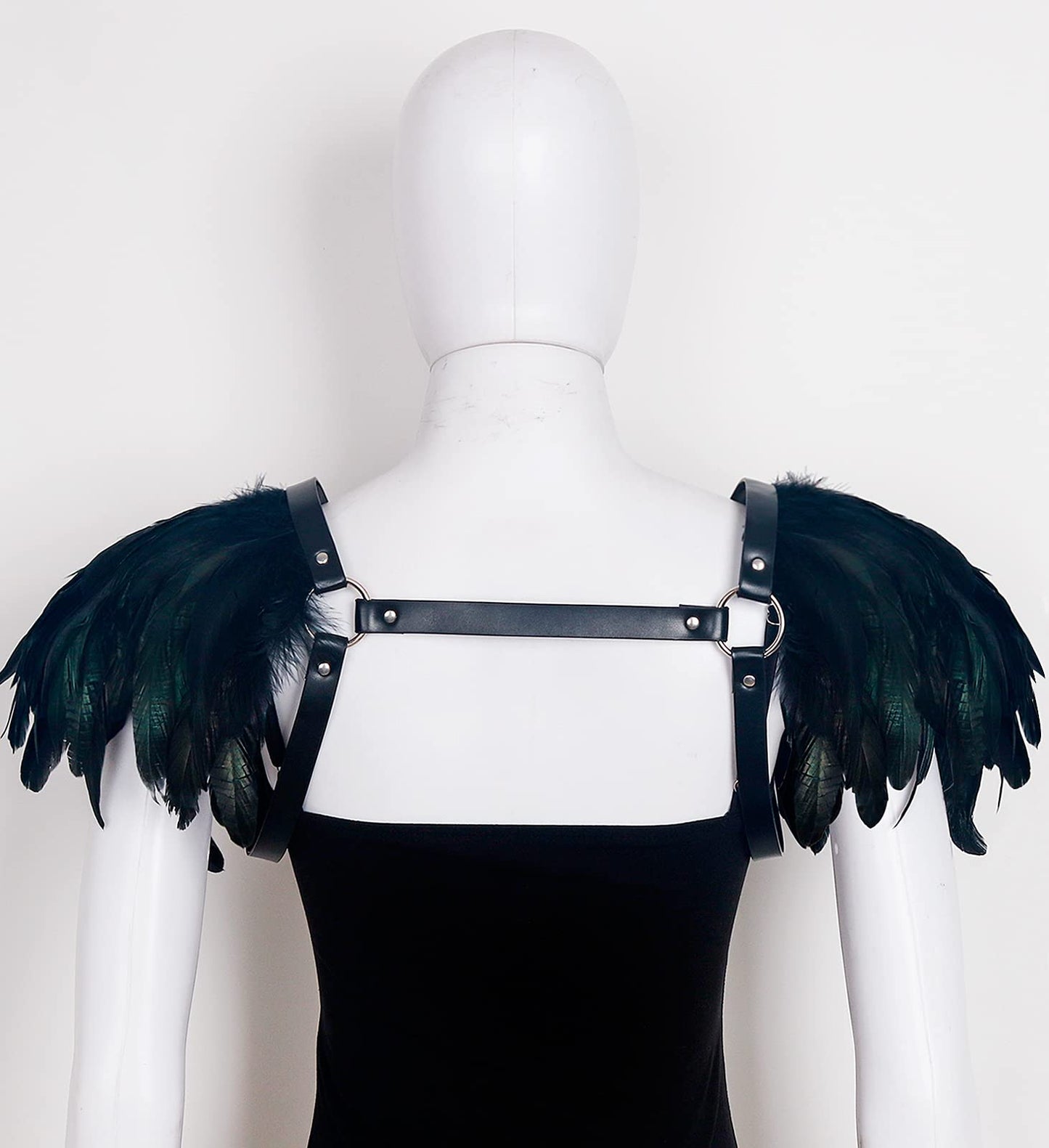 Joukavor Medieval Natural Feather Epaulet Shrug Shoulder Strap with PU Leather Halloween Harness Costume for Women(Black-1)