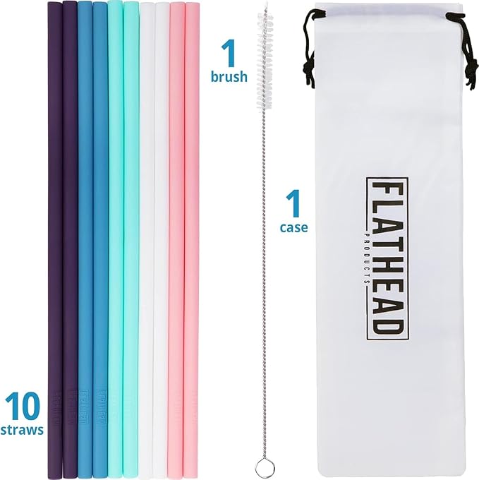 10 Reusable Silicone Drinking Straws + Cleaning Brush, 30 Ounce - 20 Ounce Tumblers Compatible, Dishwasher Safe, Extra Long Straw - Silicone Straws Reusable