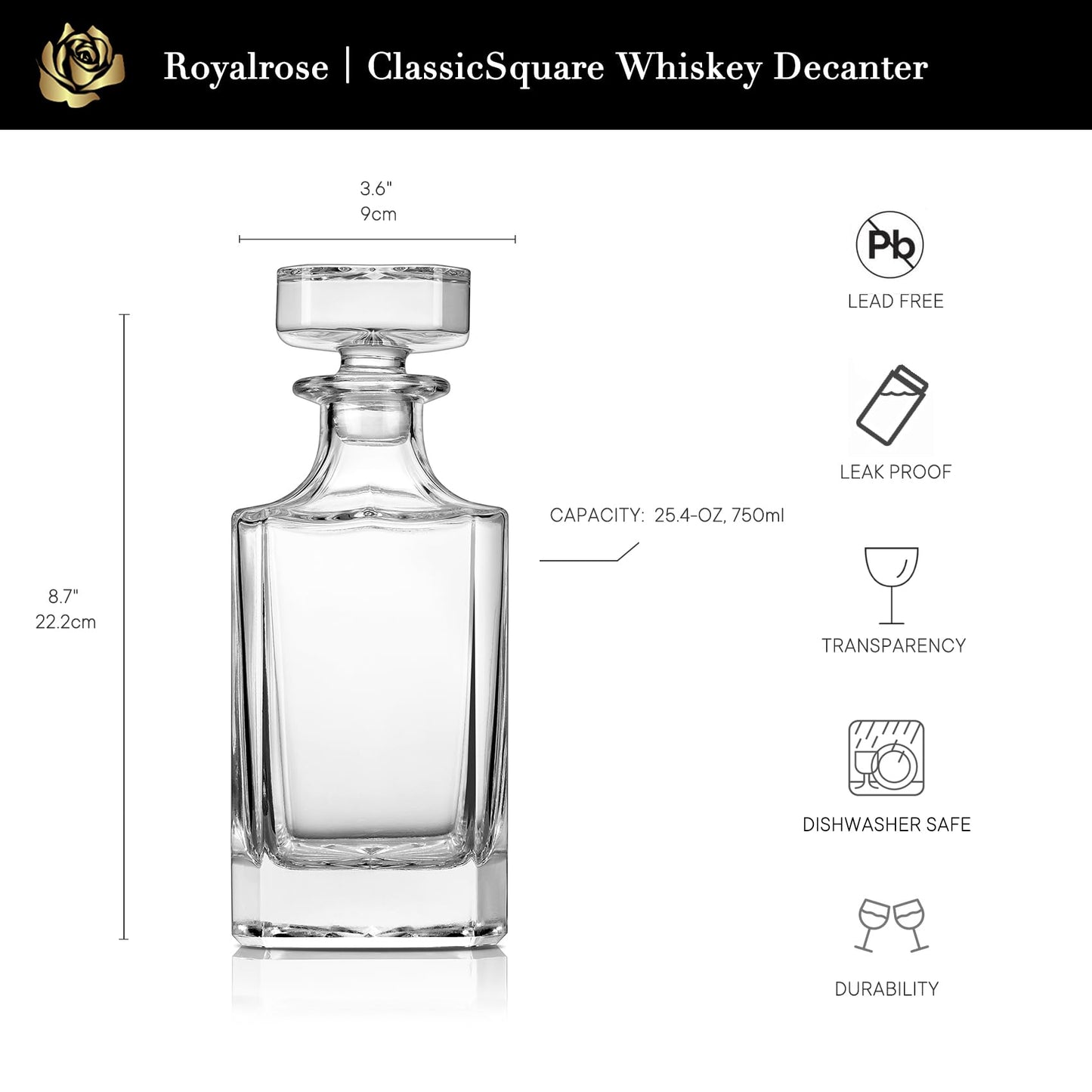 Royalrose Premium ClassicSquare Whiskey Decanter Set, A Timeless Gift for Men, Whiskey Glassware, Anniversary Birthday Gifts for Him Husband Boyfriend (Whiskey Decanter)