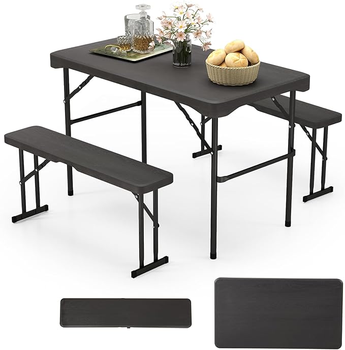 Giantex Folding Picnic Table Bench Set, Rectangular Patio Dining Table Set for 4, with HDPE Tabletop, Metal Frame, Space-S...