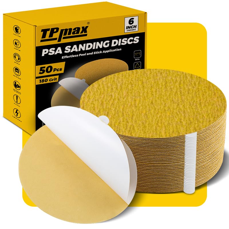 6-Inch 180-Grit Gold PSA Sanding Discs, 50 Pack – Pro-Grade Self-Adhesive Stickyback Sandpaper with Quick-Release Tabs for DA Sander, Fine Automotive/Wood/Metal Sanding