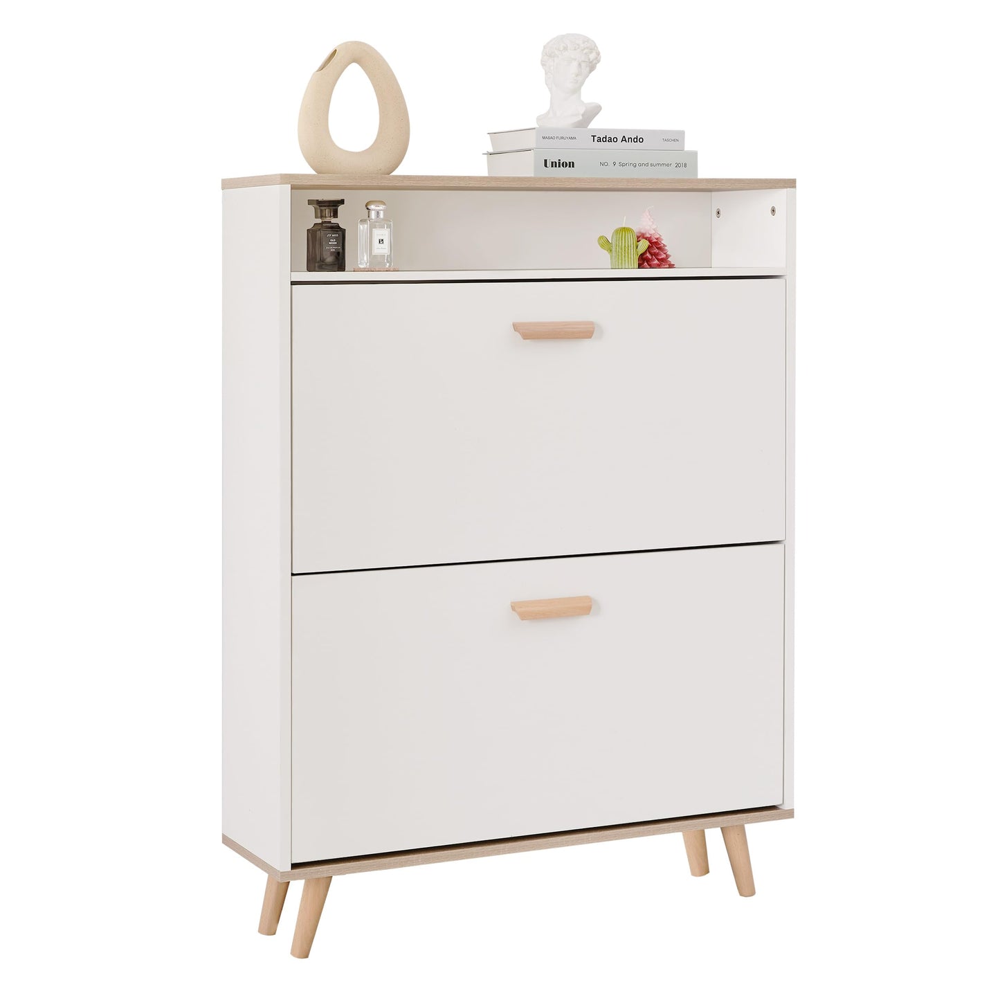Slim Shoe Storage Cabinet with 2 Flip Drawers & Adjustable Shelves - Freestanding Entryway Shoe Organizer with Storage Compartment (Narrow Design with Legs)