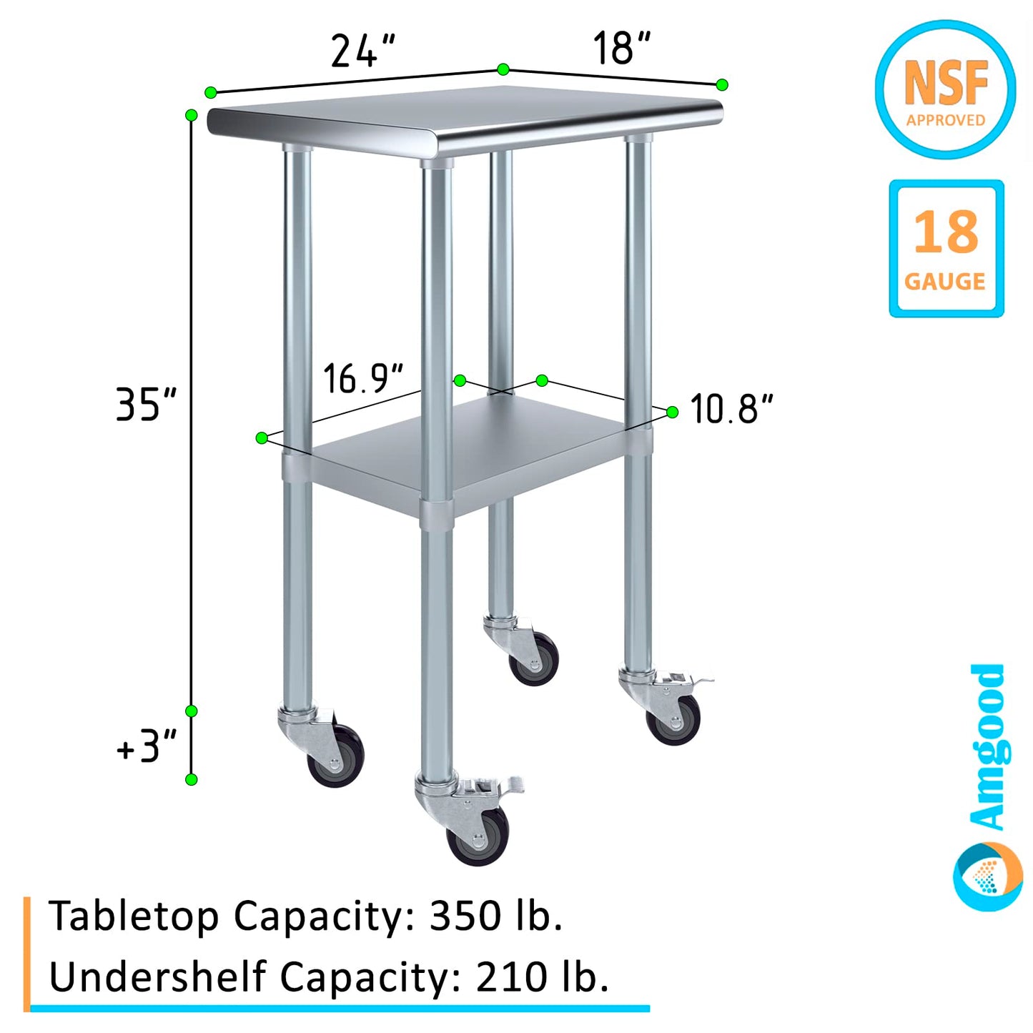AmGood 18 in. x 24 in. Stainless Steel Work Table with Wheels | Metal Kitchen Food Prep Table | NSF