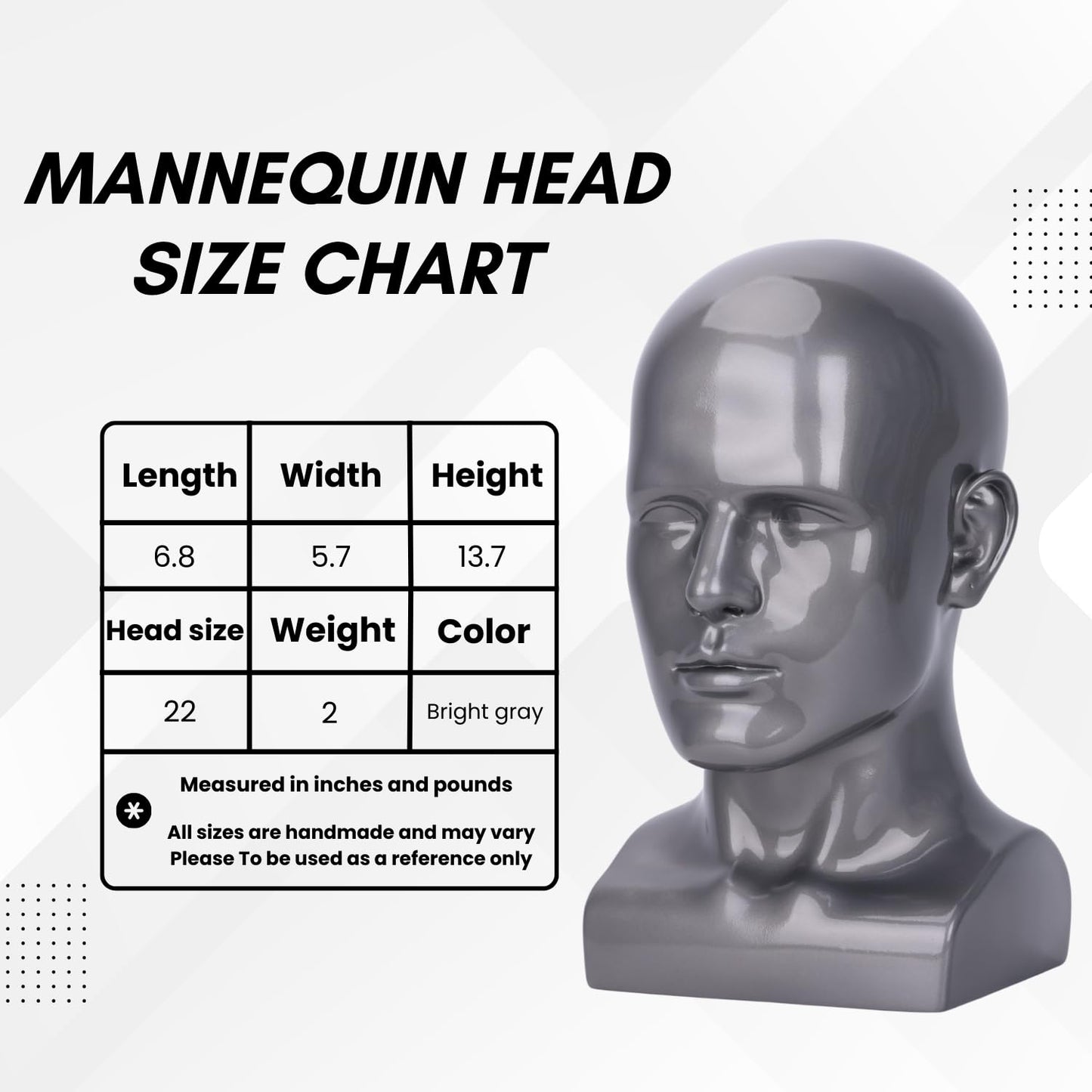 lightmay Male Mannequin Head - 13.7    Silver Gray Wig Stand for Hats, Wigs, Headphone, Glasses - Great for Styling, Display & S