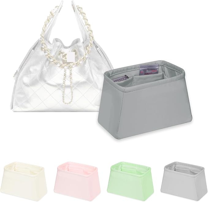 Purse Organizer Insert for Chanel 25C Hobo Bags, Satin Luxury Bag Insert, Large Capacity Pouch with Practical Pockets, Portable Purse Shaper(Pearl grey, 25 Small)